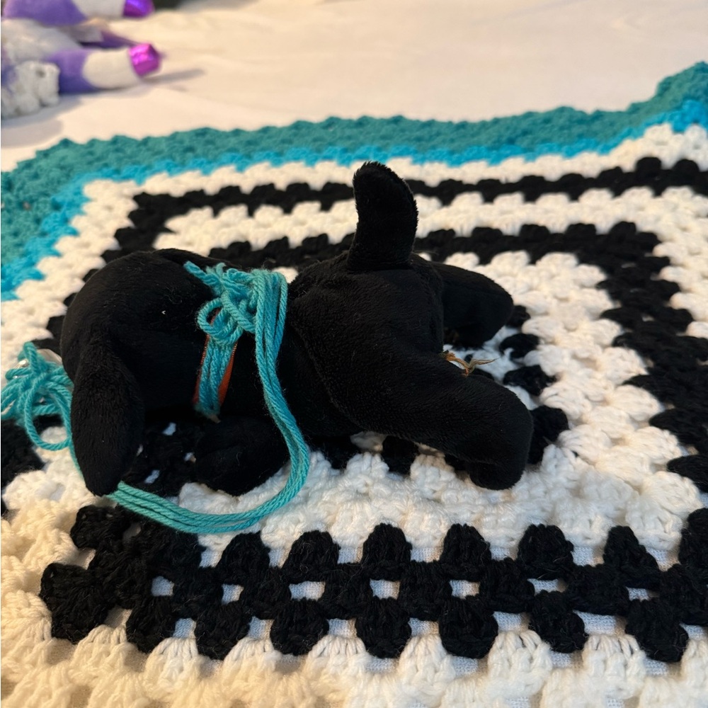 Handmade crochet granny square baby blanket turquoise & black, toy puppy Easter